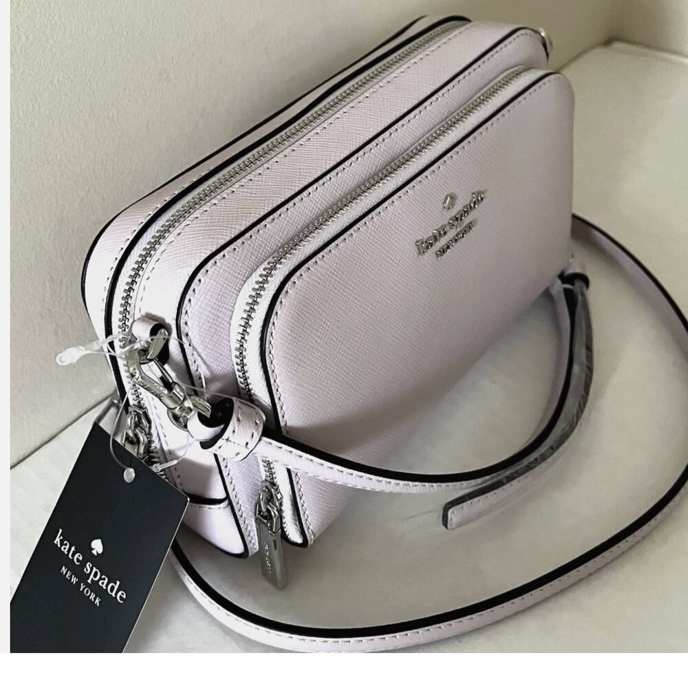 New Kate Spade Staci Dual Zip Around Crossbody Saffiano Leather Lilac Moonlight